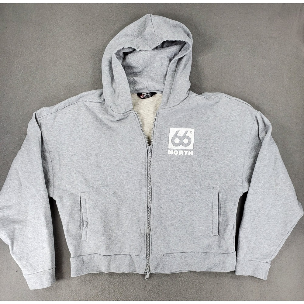 66 North Thoka Full Zip Hoodie Womens Sz M Boxy‎ Cropped Gray Flocked Logo